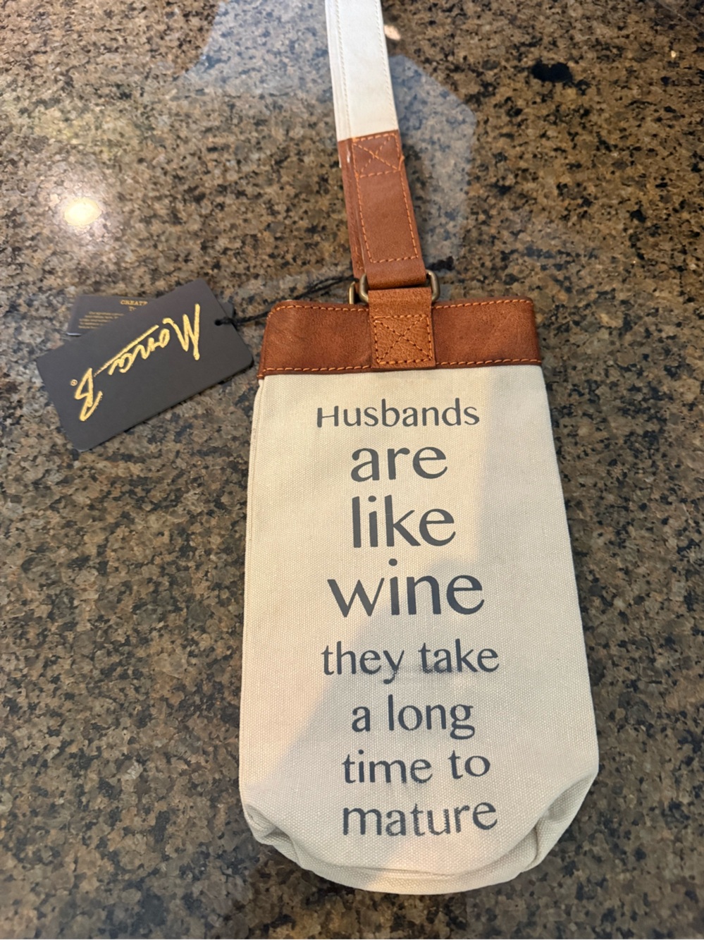 Mona B Cream Tote Belt Bag with Brown Trim - "Husbands are like wine"